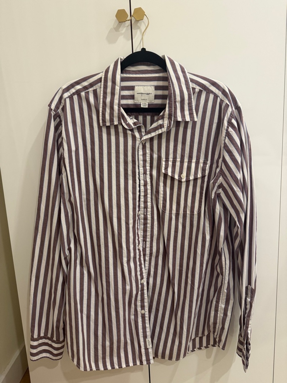 American Eagle Outfitters Vertical Stripe Button-Down Shirt - White & Brown